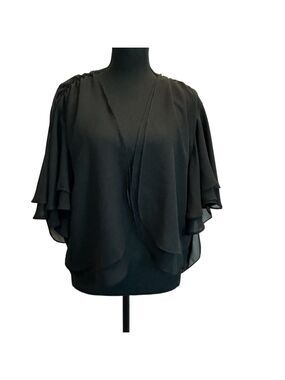 BCBGeneration black chiffon layered flutter sleeve open front lace back shawl